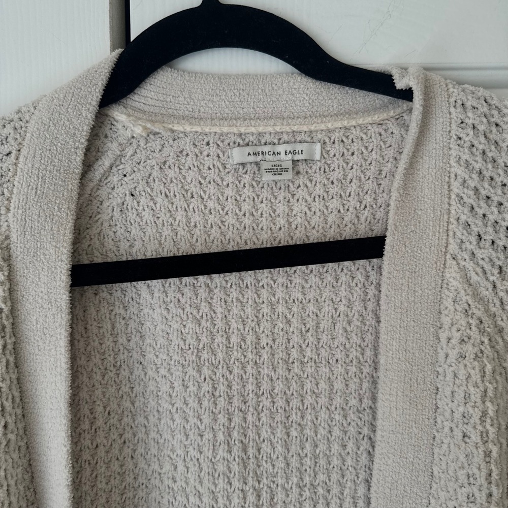 American Eagle Women Oatmeal Beige Waffle Knit Open Front Cardigan Sweater Large - Picture 3 of 4